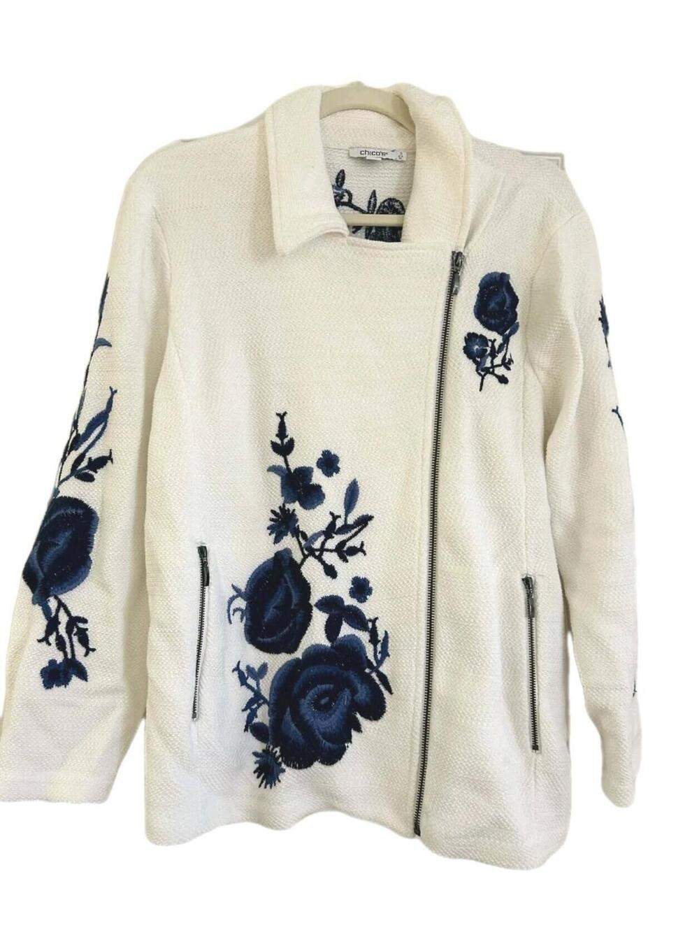 Chicos NWT White Floral Embroidered Asymmetrical Zip Jacket Women's Size 3 (XL)